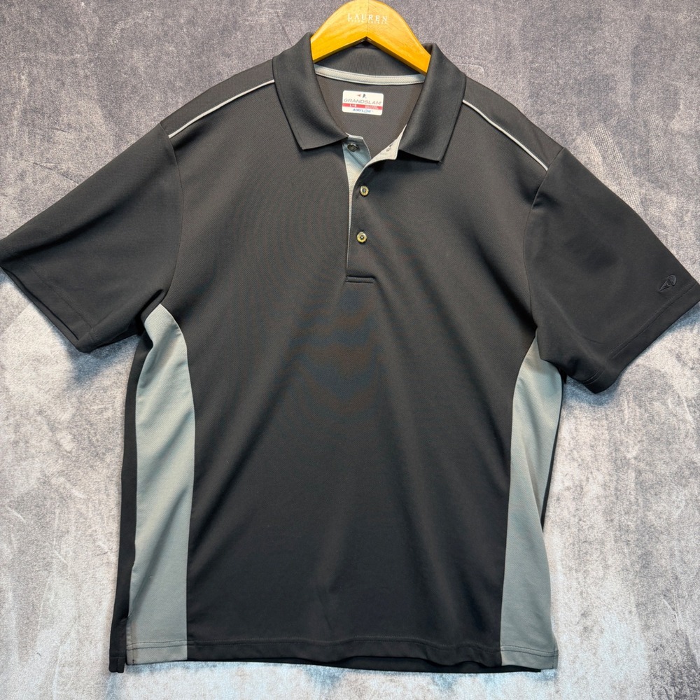 Grand Slam Polo Shirt Mens L Black Polyester Airflow Colorblock Regular Fit Golf